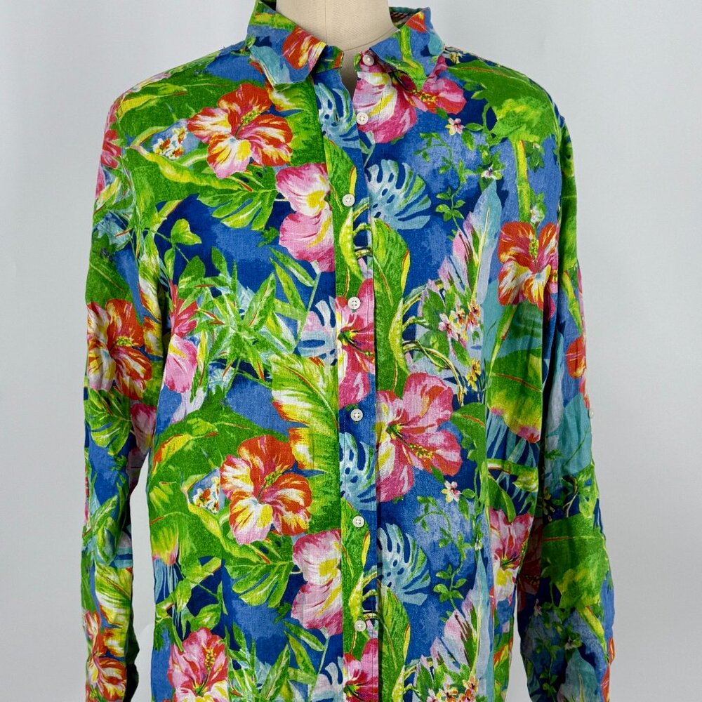 Lauren Ralph Lauren Tropical Floral Button Up Shirt | Linen Blend Blouse | L